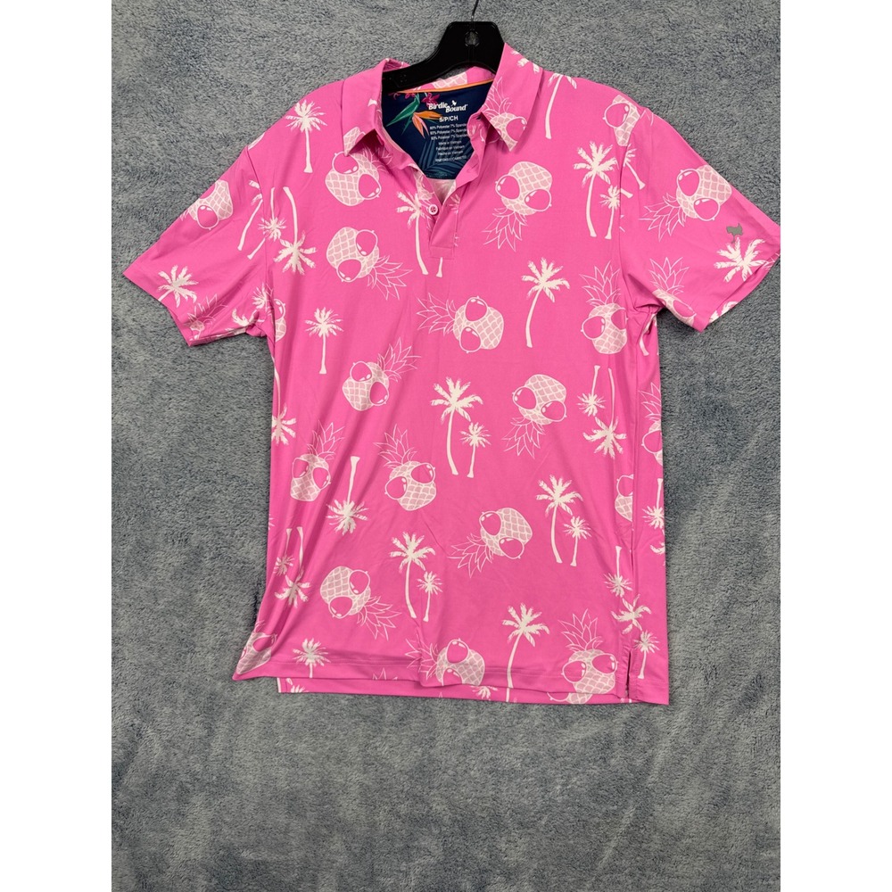 Birdie Bound Mens Small Pink Tropical Pineapple Palm Tree Golf Polo Shirt